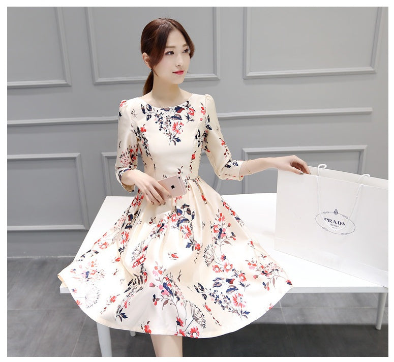 Summer Korean Version Of The New Three-Quarter Sleeve Dress Temperament Base Slim A-Line Skirt