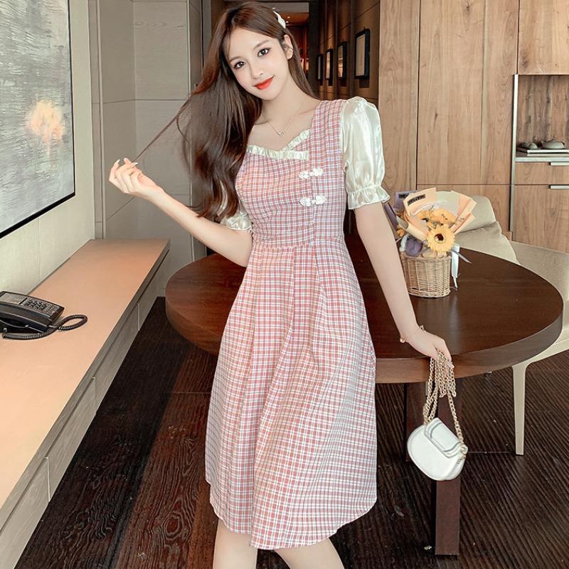 Women's Cheongsam Small Fresh Square Neck Puff Sleeve Mid-length Plaid Waist Short-sleeved Dress