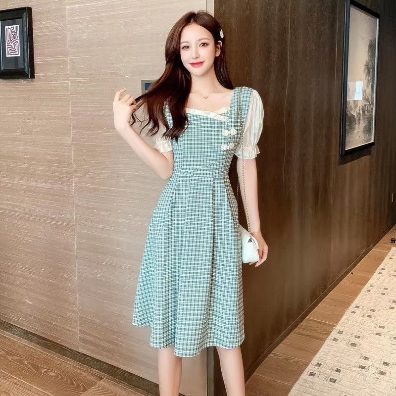 Women's Cheongsam Small Fresh Square Neck Puff Sleeve Mid-length Plaid Waist Short-sleeved Dress