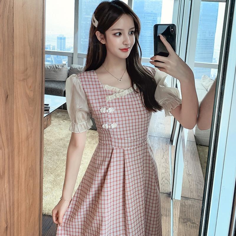 Women's Cheongsam Small Fresh Square Neck Puff Sleeve Mid-length Plaid Waist Short-sleeved Dress