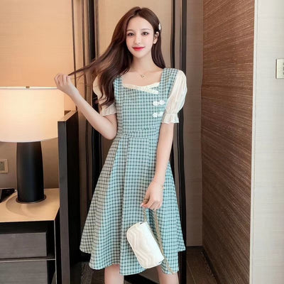 Women's Cheongsam Small Fresh Square Neck Puff Sleeve Mid-length Plaid Waist Short-sleeved Dress