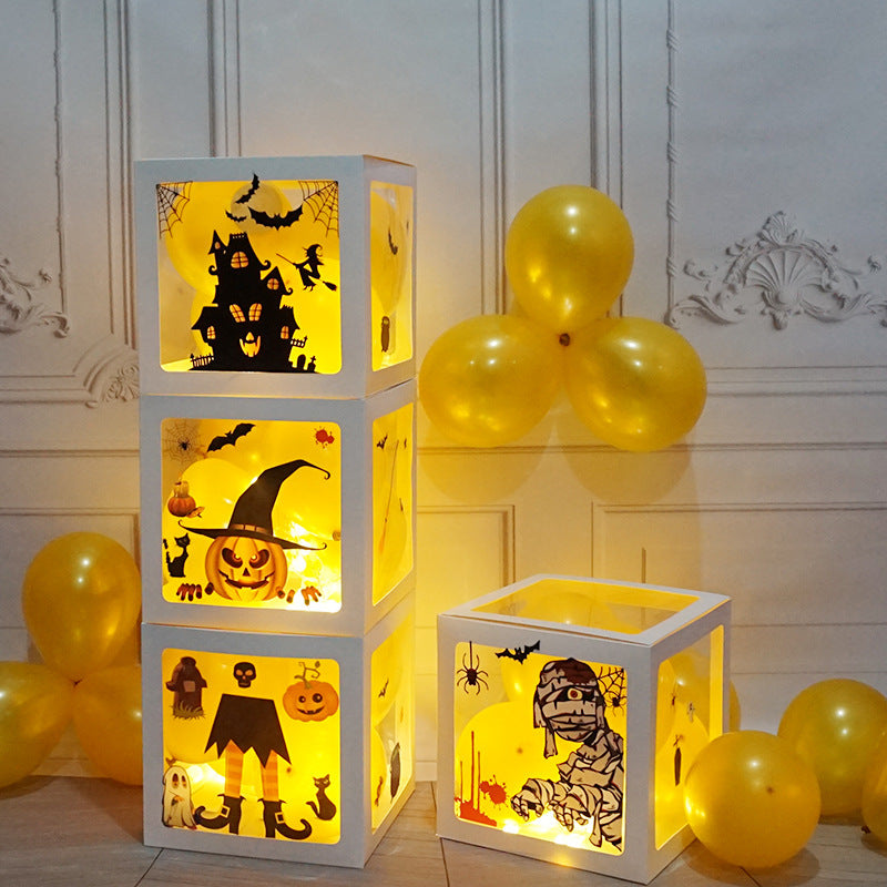 Halloween Balloon Boxes Black Transparent Box Block With Ghost Pumpkin Horror Sticker Gift For Halloween Party Decor Supply