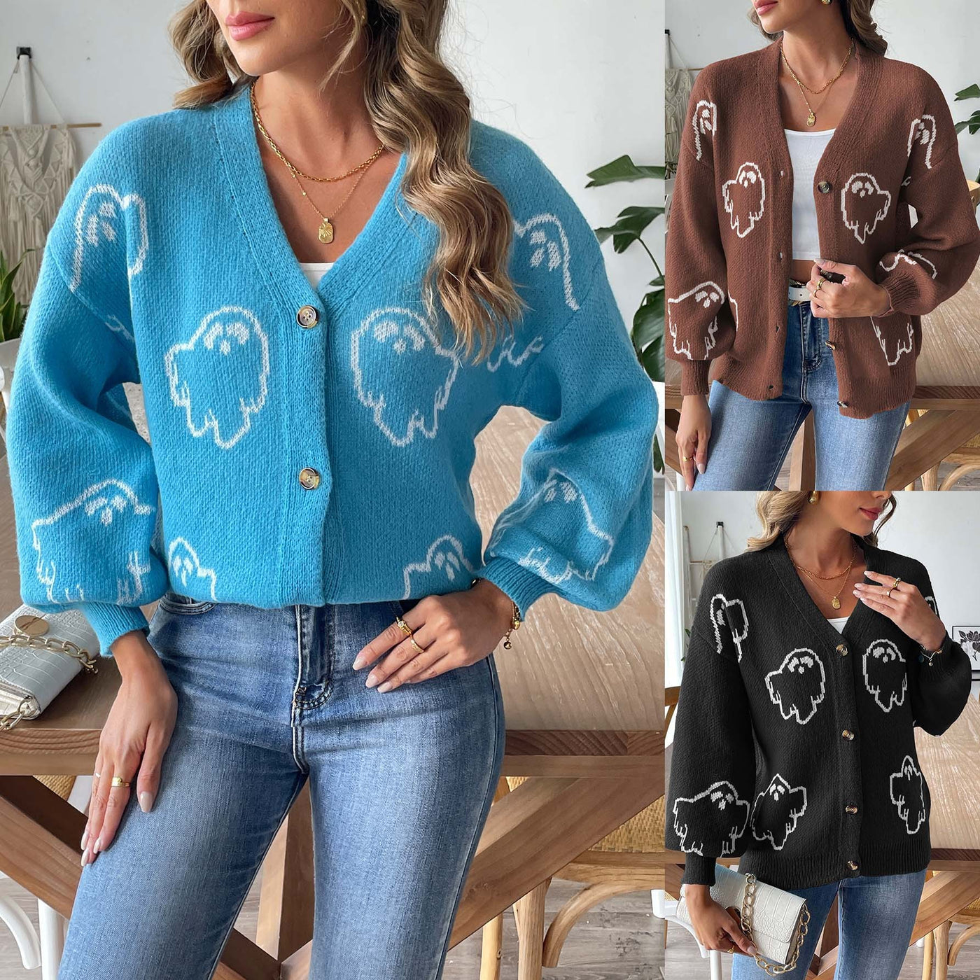 Halloween Sweater Coat Women's Loose Casual Button Sweater