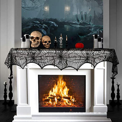 Halloween Spider Web Fireplace Cloth Lace Black Stove Towel Cloth Indoor And Outdoor Home Decoration