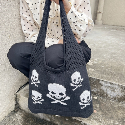 Halloween Skull Knitted Shoulder Bag Funny Personality Shopping Bags For Women Hollow Handbags