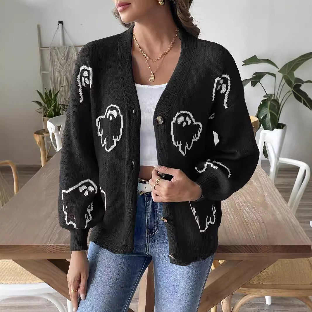 Halloween Sweater Coat Women's Loose Casual Button Sweater